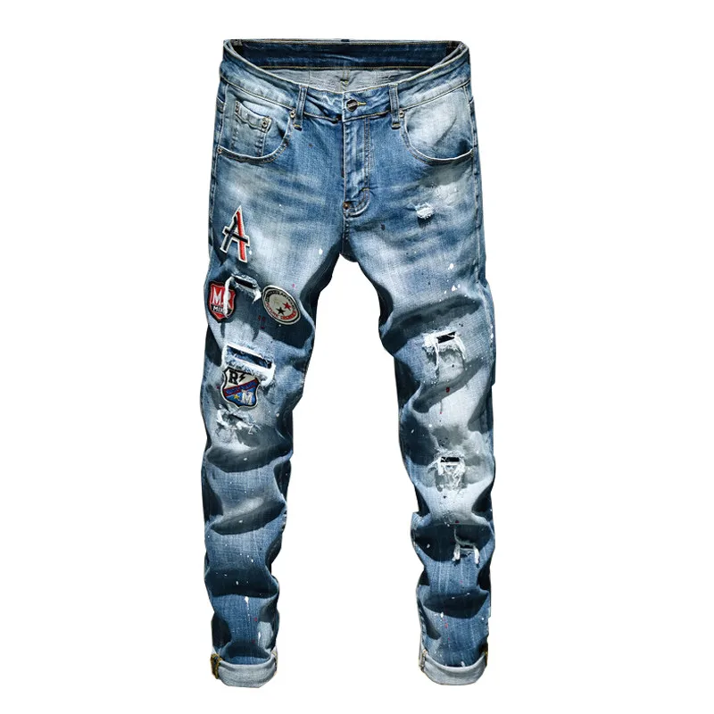 

KIMSERE Mens Destroyed Jeans With Patches Fashion Hi Street Ripped Denim Trousers Stretchy Distressed Jean Pants Washed Blue