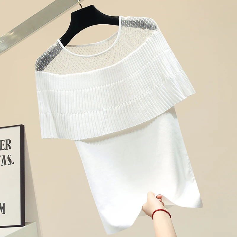 

Женская футболка с коротким рукавом, белая повседневная трикотажная футболка с кружевом, модный джемпер, сексуальный топ