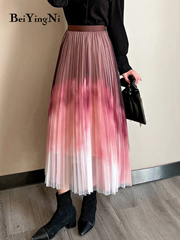 

Beiyingni Solid Color Midi Tulle Skirt Women 2021 New Fashion Vintage Green Black Chic Lace Kawaii Pleated High Waist Skirts