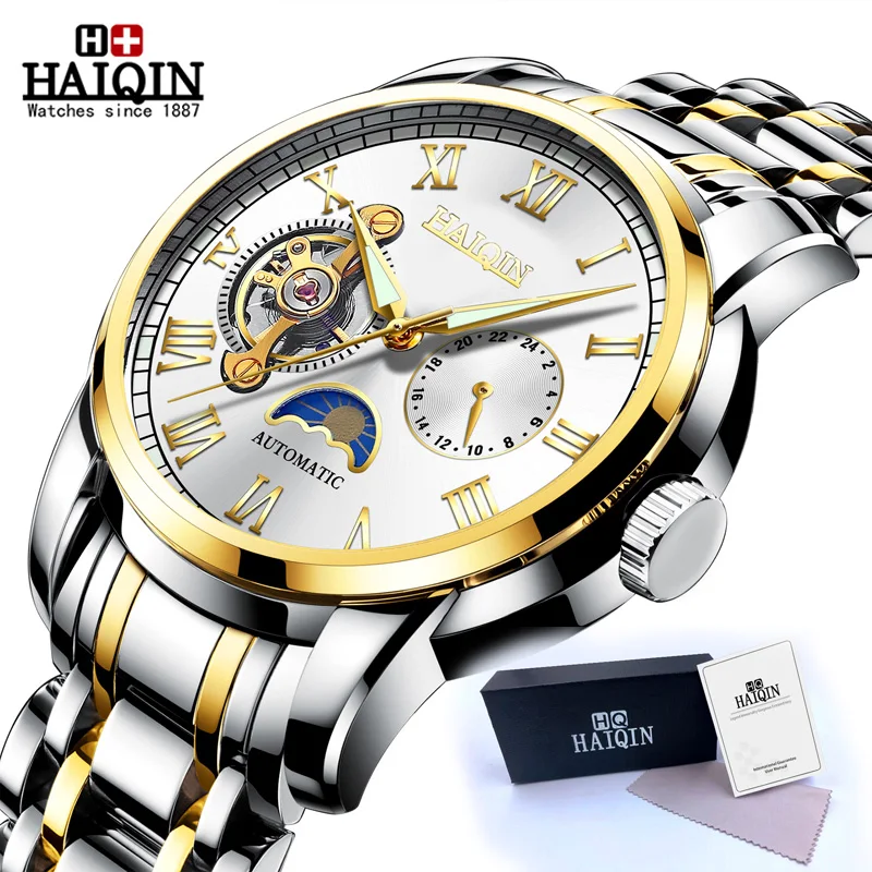 Gold White S HAIQIN водонепроницаемые мужские часы с скелетом из нержавеющей стали, роскошные брендовые прозрачные механические Спортивные мужские наручные часы - Цвет: Gold White S