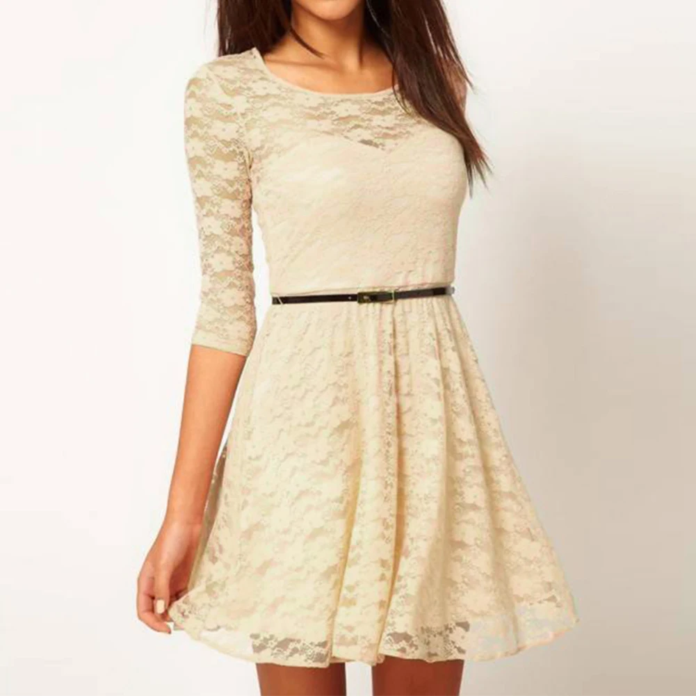 

Women Autumn Elegant Lace Patchwork Half Sleeve Dress with Belt Casual O-neck Soft Dress Plus Size S -XL