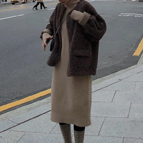 Хаки Turtleneck Cashmere Knitted Sweater Dress Women Autumn Spring Noodles Elastic Long Sleeve thick Pullover Winter Dress - Цвет: Хаки