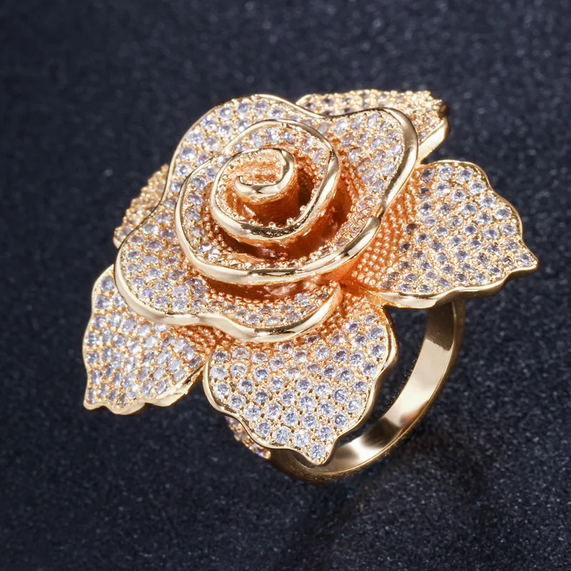 

Hot Selling Zircon Rose Gold Color Creative Flower Anti-allergy Rings Fashionably and Exaggeratedly Women Rings