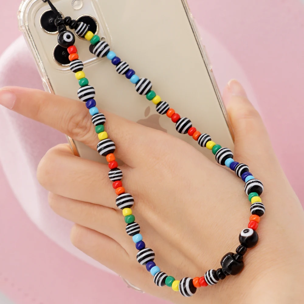 

Go2Boho Colorful Beaded Simple Mobile Strap Evil Eye Phone Chain Telephone Jewelry Anti-Lost Chains Striped Beads Lanyard