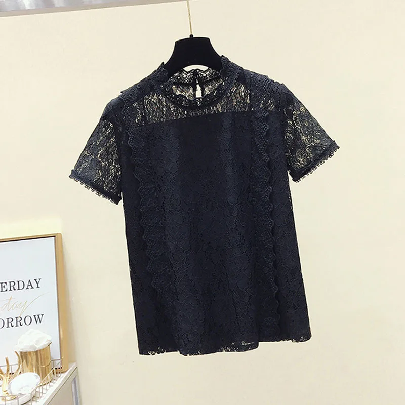 

2021 Womens Top T Shirt Lace Blusas Solid Colors Pink White Black Korean Summer Shirt Women Tshirt Fashion Clothing Tees