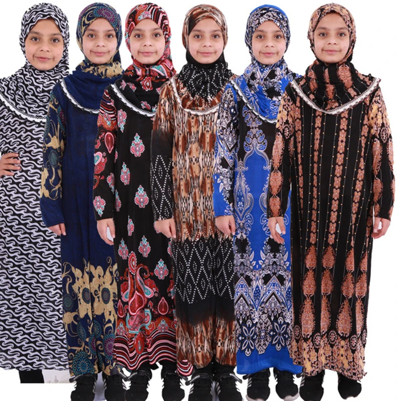 Платье для девочек, мусульманское, мусульманское, с абаей, с индейкой, хиджаб, кафтан, Дубай, кафтан, ислам, Абая, детская одежда для Рамадана, ...