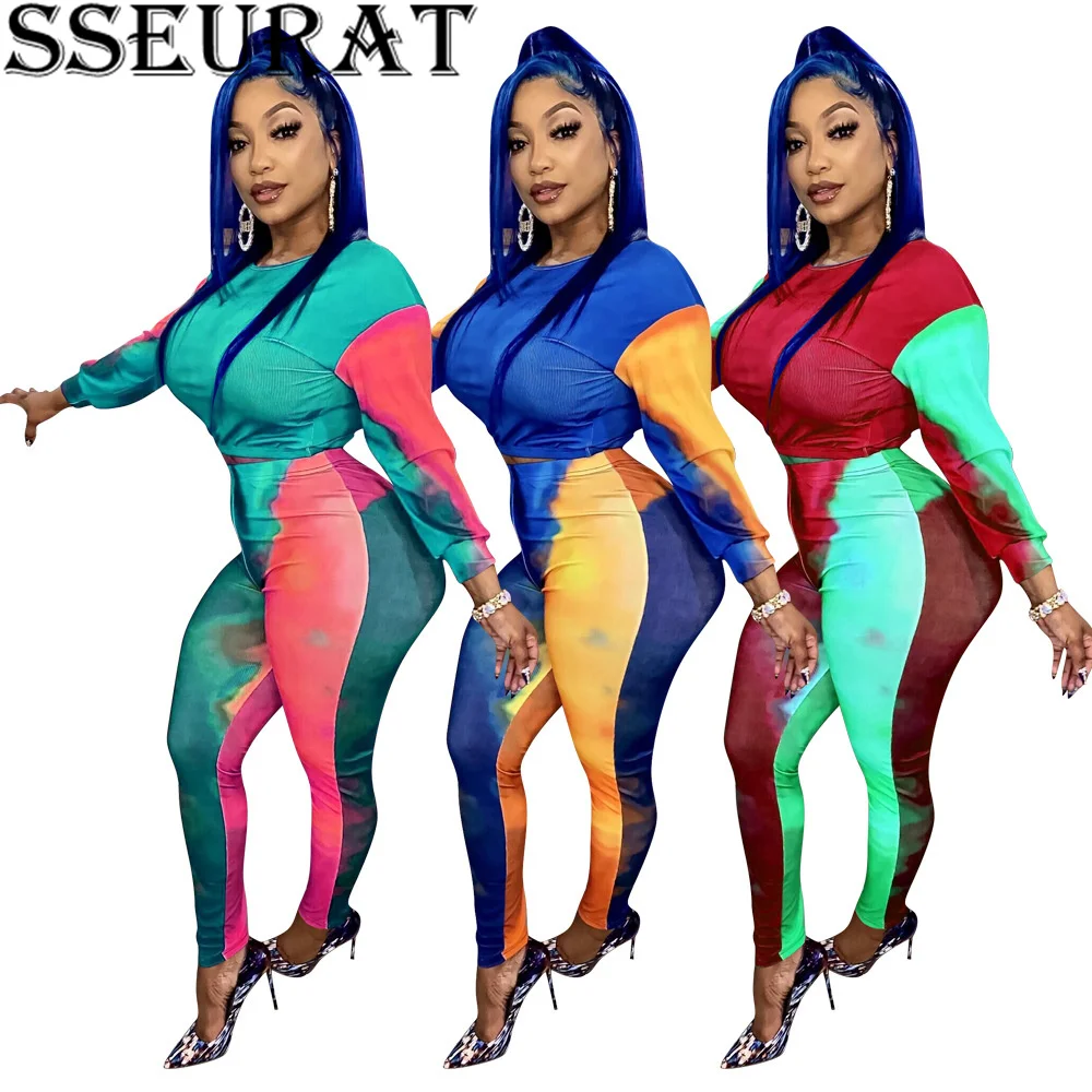 

SSEURAT Sports Set Women Patchwork Long Sleeve Crop Top High Waist Pants Two Piece Set Streetwear Tracksuits