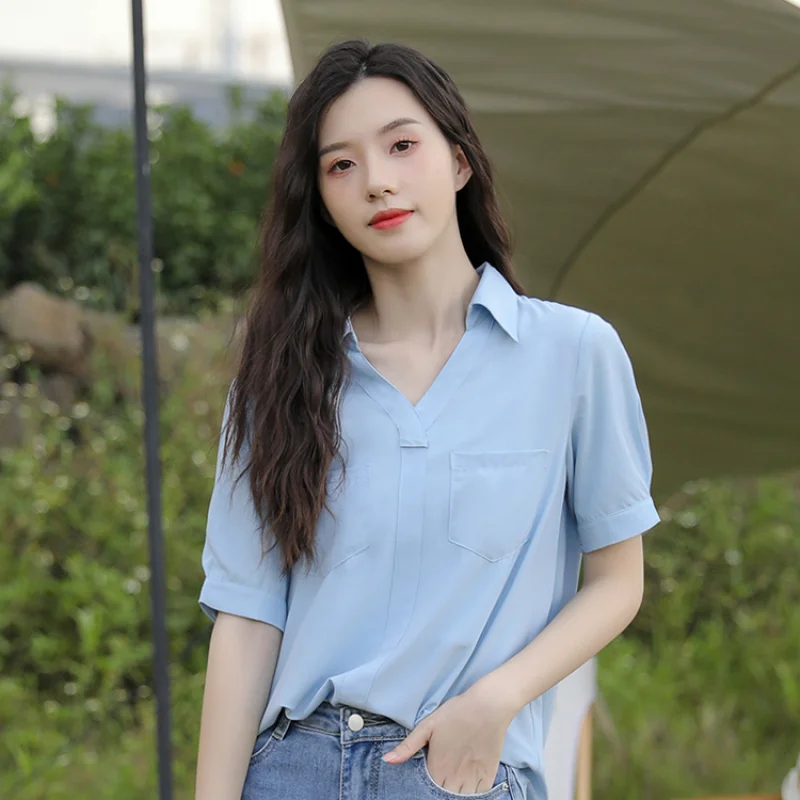 

Design Niche French Chic Small Top Blue Short-sleeved Shirt Female Summer Thin New V-neck Asymmetric Pocket