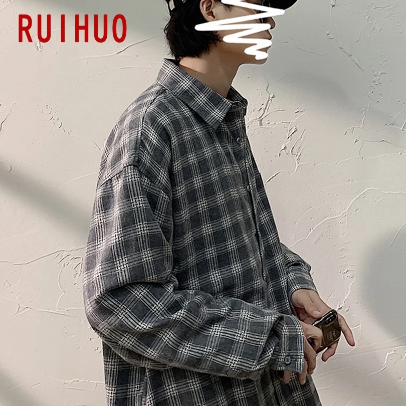 RUIHUO на каждый день в красно черную клетку рубашки для мужчин Slim Fit хлопковые