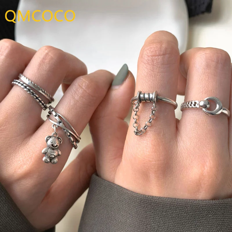 

Silver ColorSmall Bear Multilayer Ring INS Korean Version Trend Retro Personality Hip-Hop Finger Ring Woman Party Jewelry Gifts