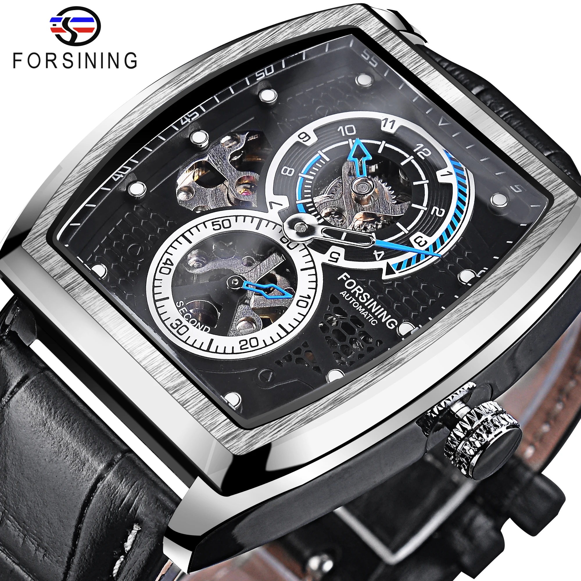 Forsining Mens Automatic Mechanical Wristwatches 3bar Black Dial Analog Watches For Men New Double Dial Hollow Military Watch