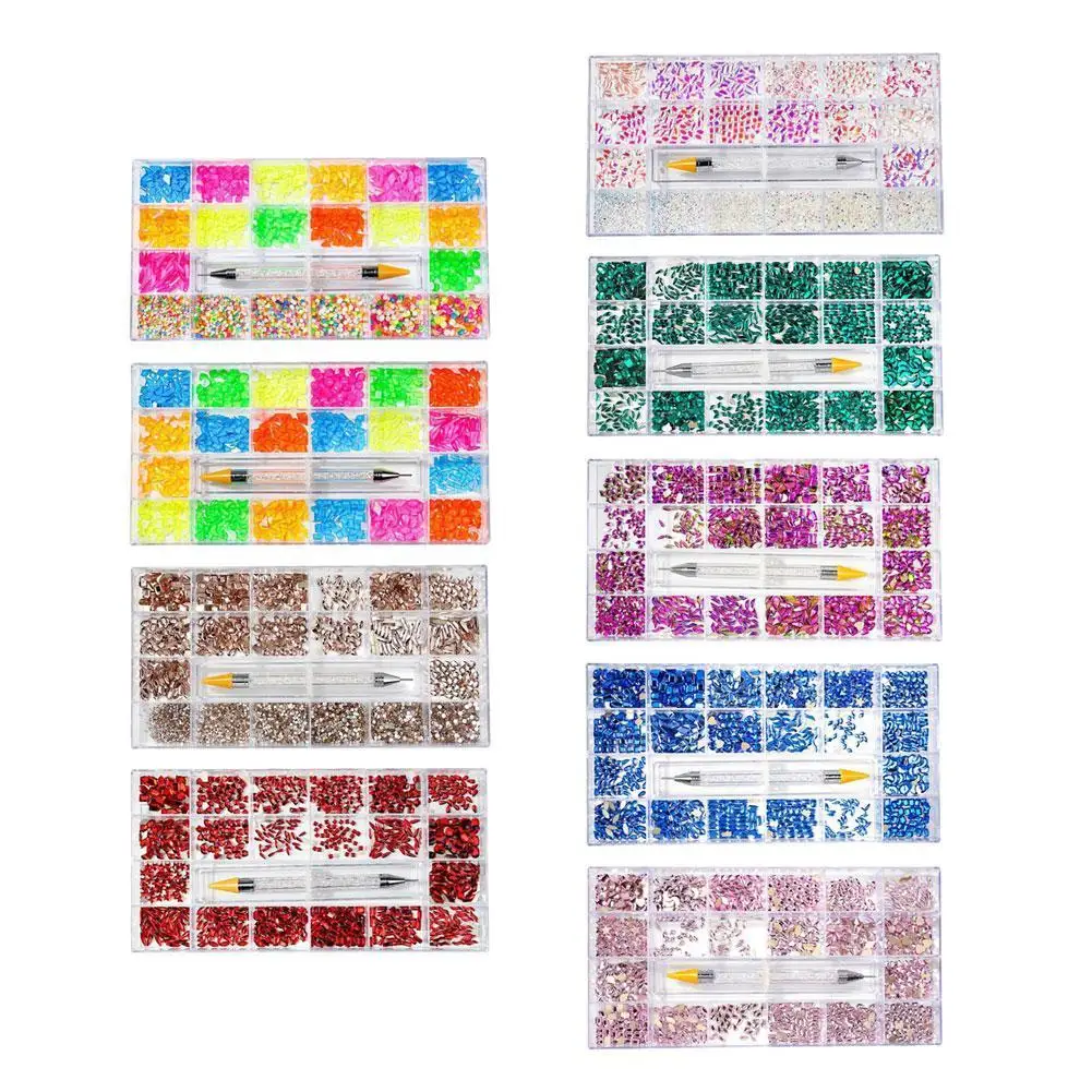 

21 Grid Crystal Rhinestone Jewelry Box Nail Art Flat Mixed Nail Shaped DIY Set Double-head Pointing Bottom Pen P0A2