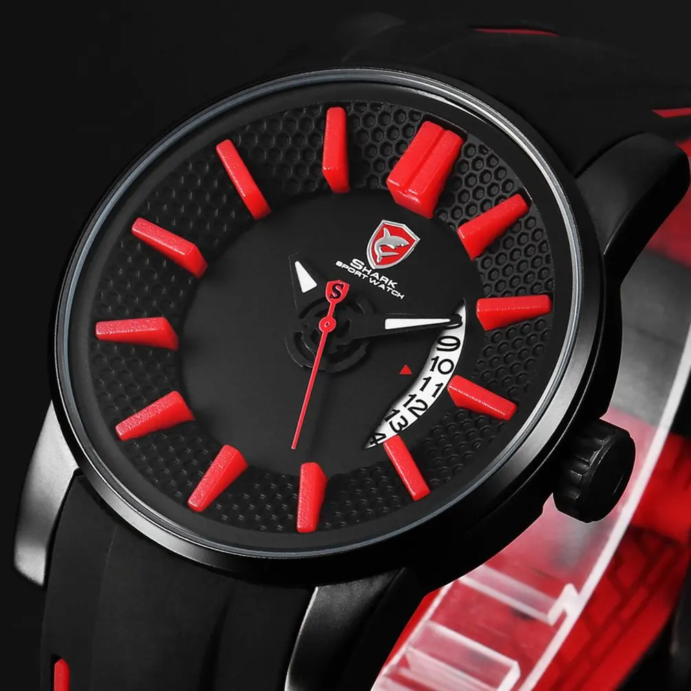 Red SH478 Серый Reef Shark Спортивные Часы 3D Face Желтый Аналоговый Дата Силиконовые Роскошные Кварцевые Часы Мужчина Часы Relogios Masculino/SH479 - Цвет: Red SH478