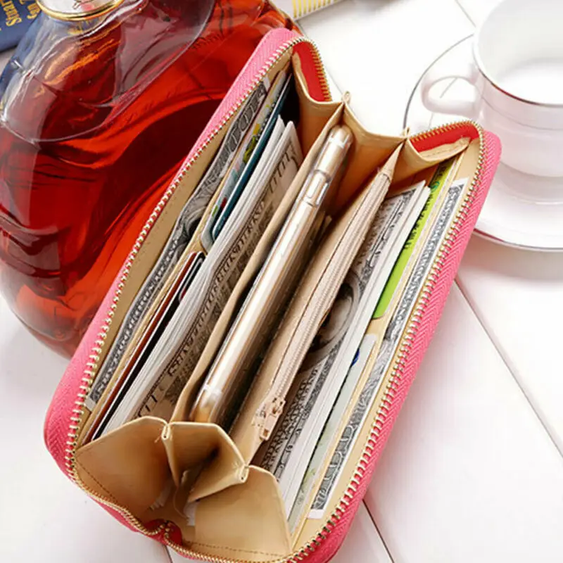 

Solid Clutch Wallet PU Leather Large Capacity Zipper Card Holder Bow knot Purse Wallets