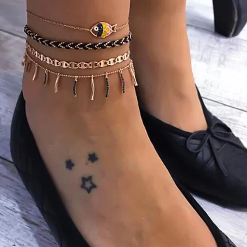 Docona Boho Fish Seashell ананас глаз кактус многослойный ножной браслет набор для женщин кабель цепи бисером ножной браслет ювелирные изделия для ног