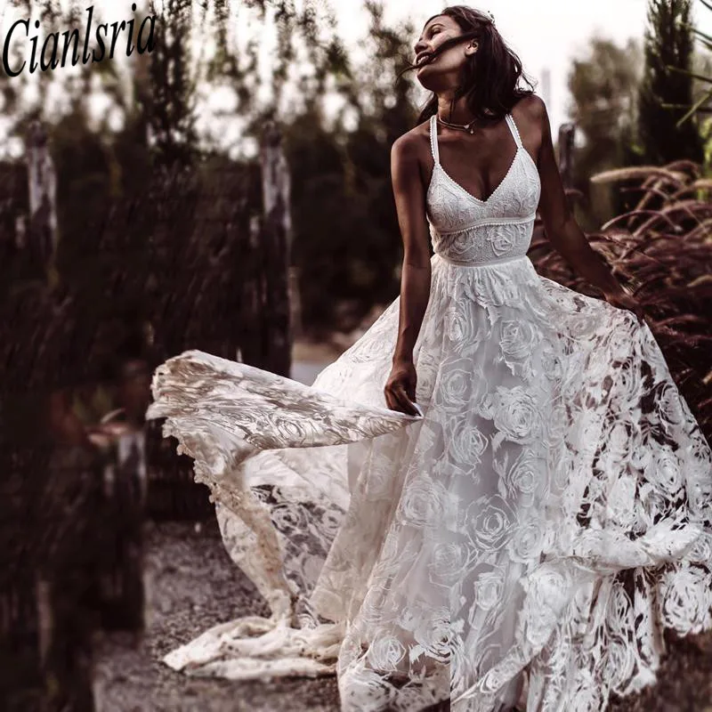 

2020 Amazing Flower Lace Boho Beach Wedding Dress Bridal Gowns Spaghetti V-neck Slit Skirt Sweep Train Vestidos De Novia Wedding