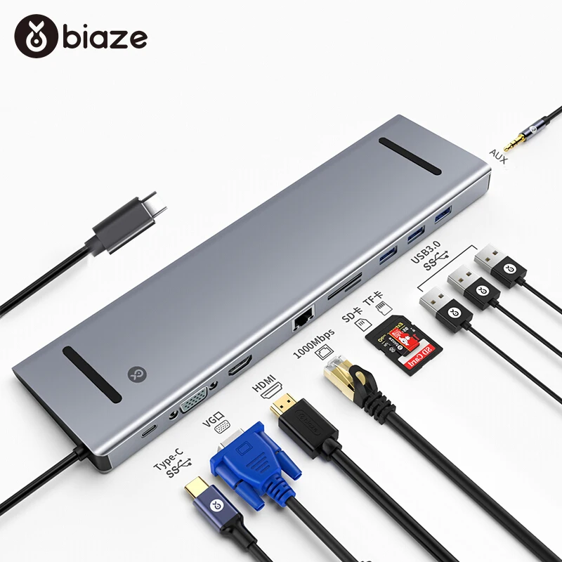Biaze Мульти USB C концентратор к HDMI 3 0 type VGA RJ45 кард ридер адаптер для MacBook Pro huawei Notbook 12