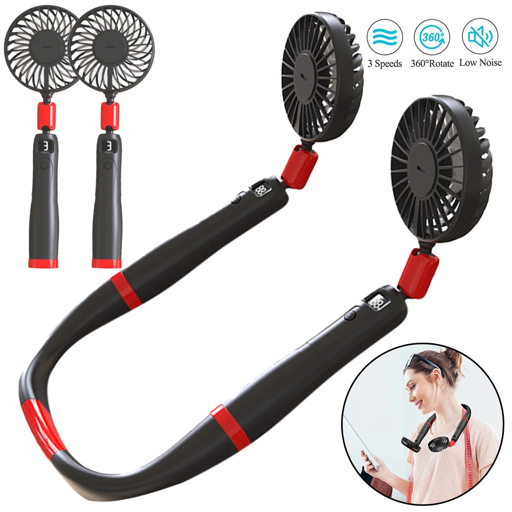 

Neck Handheld 2in1 Air Conditioner Fan USB Charging Detachable Quiet 3 Speeds Mini Neck Hanging Fan with Battery Digital Display