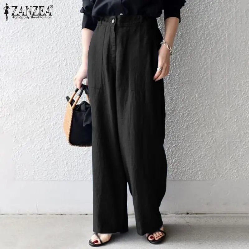 

Women's Wide Leg Pants Side Zipper Elastic waist Solid Pantalon 2022 ZANZEA Autumn Bohemian Fashion Casual Elegant Holiday Pants
