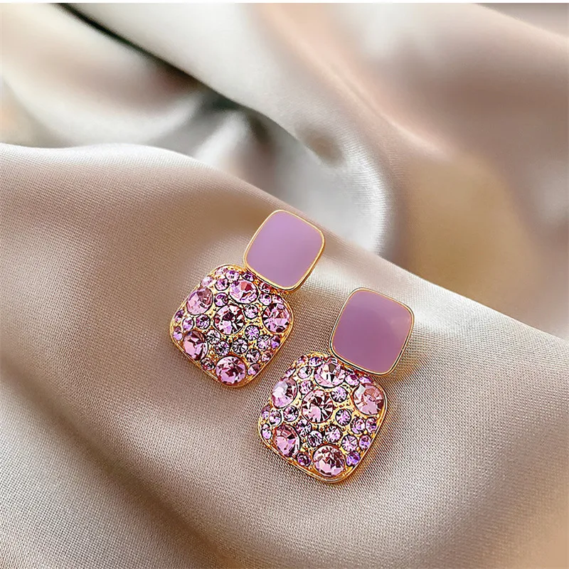 

Fashion Crystal Epoxy Stud Earrings for Women Delicate Elegant Party Jewelry Accessories Trendy 2020 Geometry Square Purple