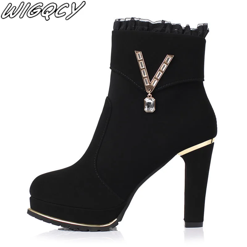 19 зимние женские сапоги пикантные изящные туфли-лодочки с закрытым Стразы модные