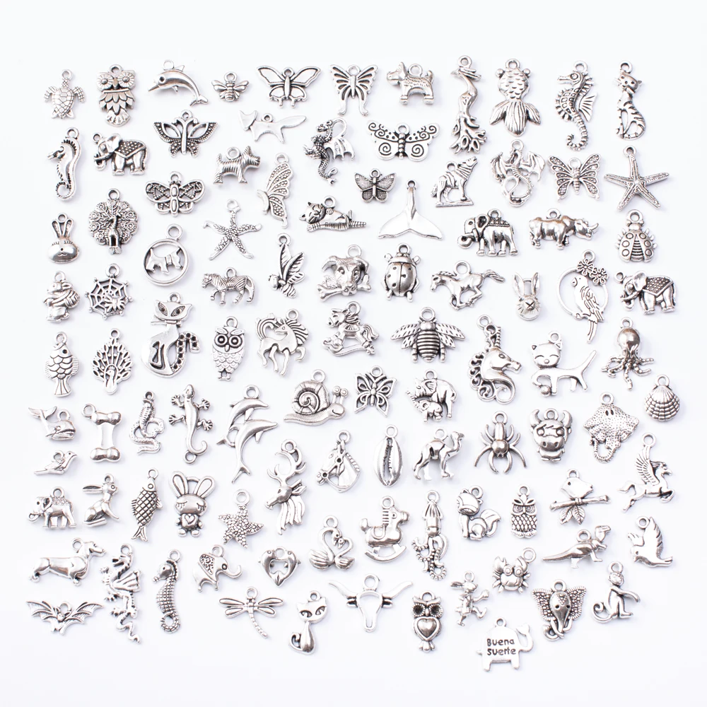 100pcs Серия животных 100 шт тибетские серебряные смешанные стили Подвески самодельные ювелирные изделия для изготовление браслета ожерелья Аксессуары js2230 - Окраска металла: 100pcs