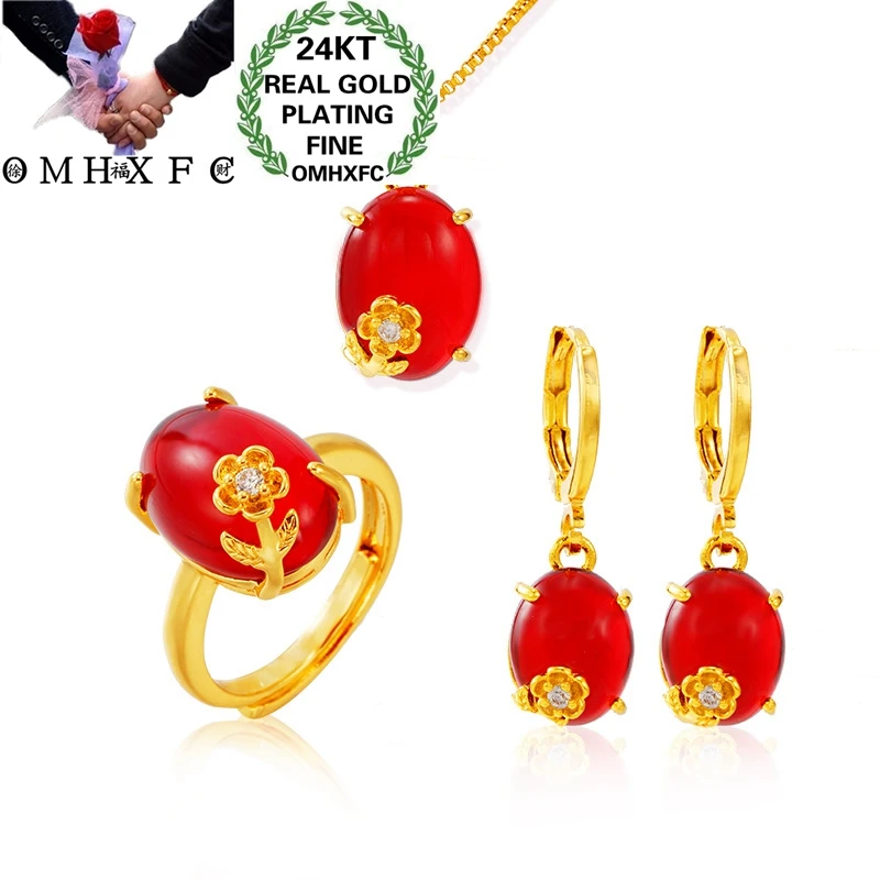 

OMHXFC Wholesale SS34 European Fashion Woman Birthday Wedding Gift Peacock 24KT Gold Flower Necklace+Ring+Earrings Jewelry Set