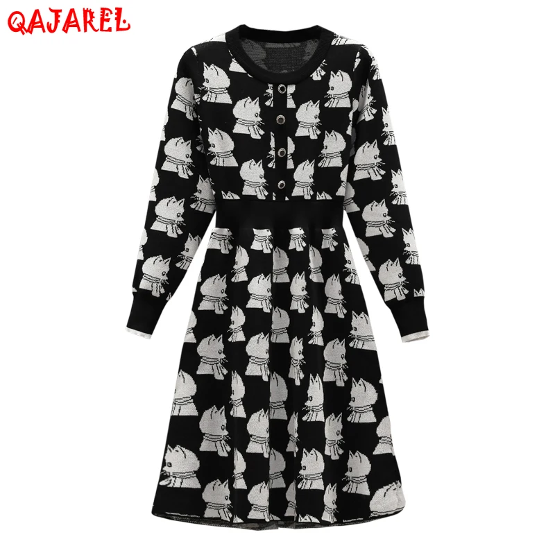 

2023 Korean Vintage Casual Midi Dress Autumn Winter Knitted Cotton Black Print Dress Women New Elegant Bodycon Office Lady Dress