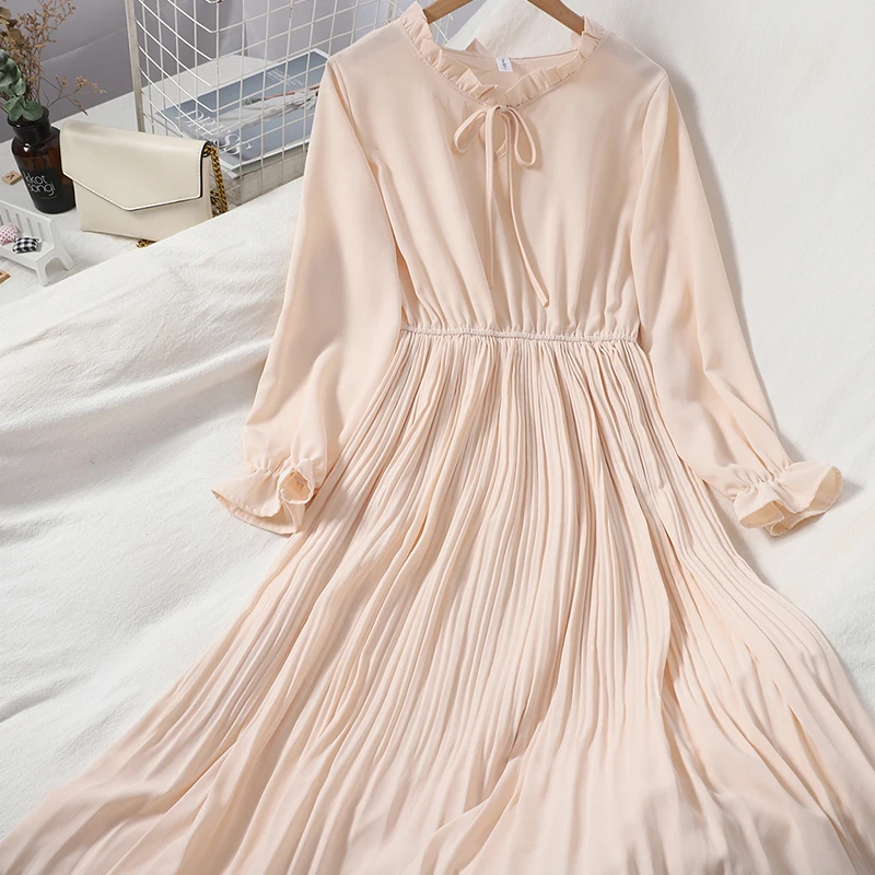 Винтажное плиссированное платье женское осеннее с длинным рукавом и высокой