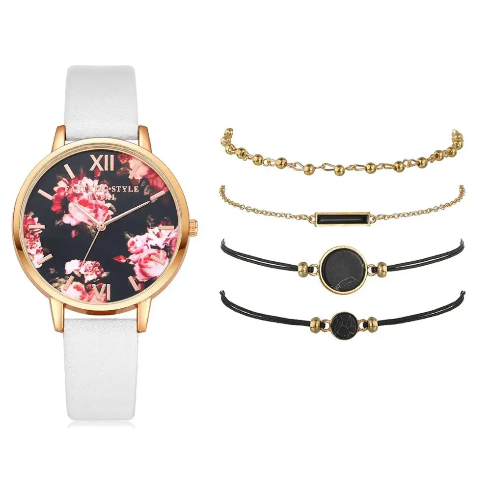 5 шт./комплект женские кварцевые часы с кожаным ремешком | Наручные