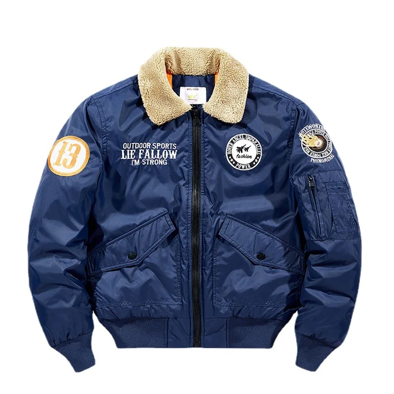 

Air Force Ma1 Bomber Jacket Tooling Flight Suit Tide Brand Embroidery Jacket Men's Plus Cotton Plus Velvet Thick Fur Collar Coat