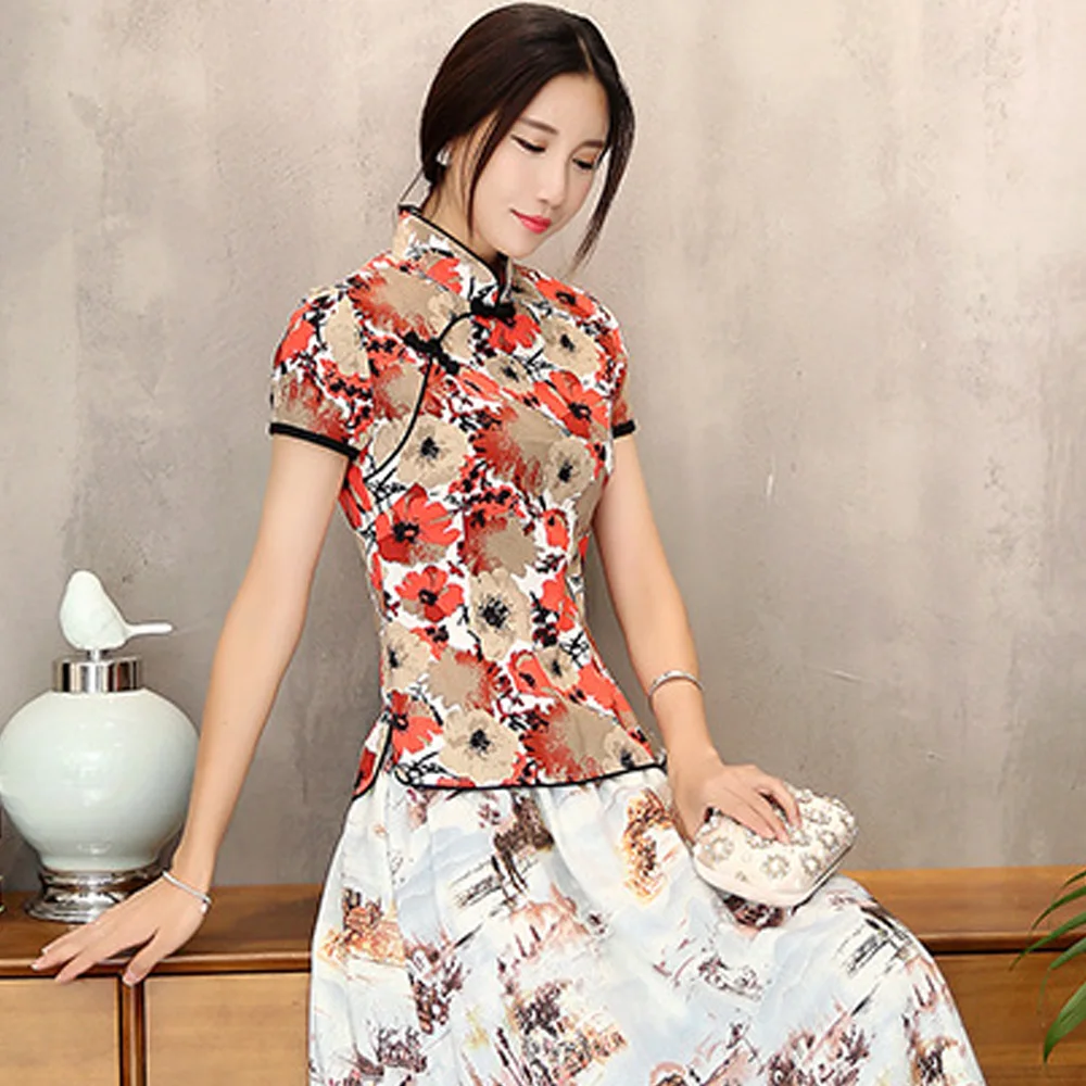 Рубашка женская с коротким рукавом топ в традиционном китайском стиле