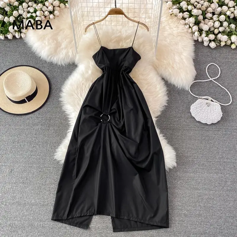 

2022 Summer Women Black Spaghetti Strap Dress Off Shoulder Sexy Backless High Waist Slit Big Swing Boho Holiday Long Dress