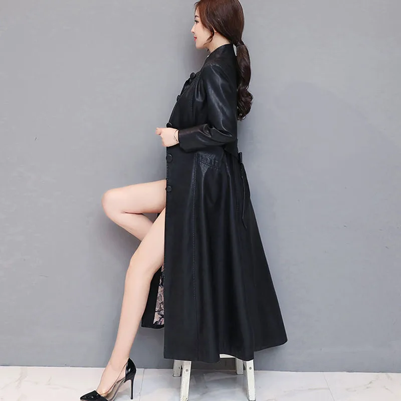 2021 New Women Red PU Leather Trench Coat Autumn Long Jacket Button Warm Thicken Temperament PU Leather Windbreaker With Belt