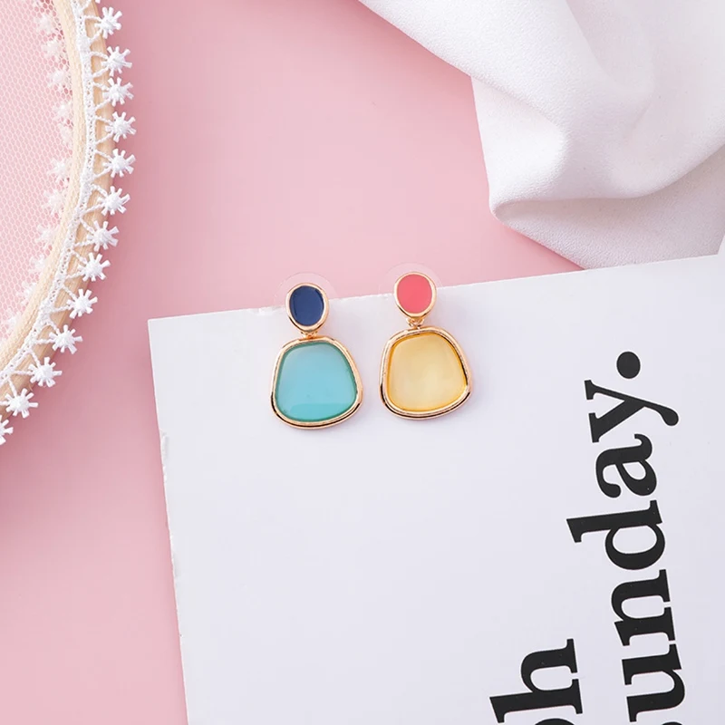 yellow blue MENGJIQIAO новые винтажные разноцветные геометрические акриловые висячие серьги в форме сердца для женщин круглые жемчужные Висячие глазури Pendientes ювелирные изделия - Окраска металла: yellow blue
