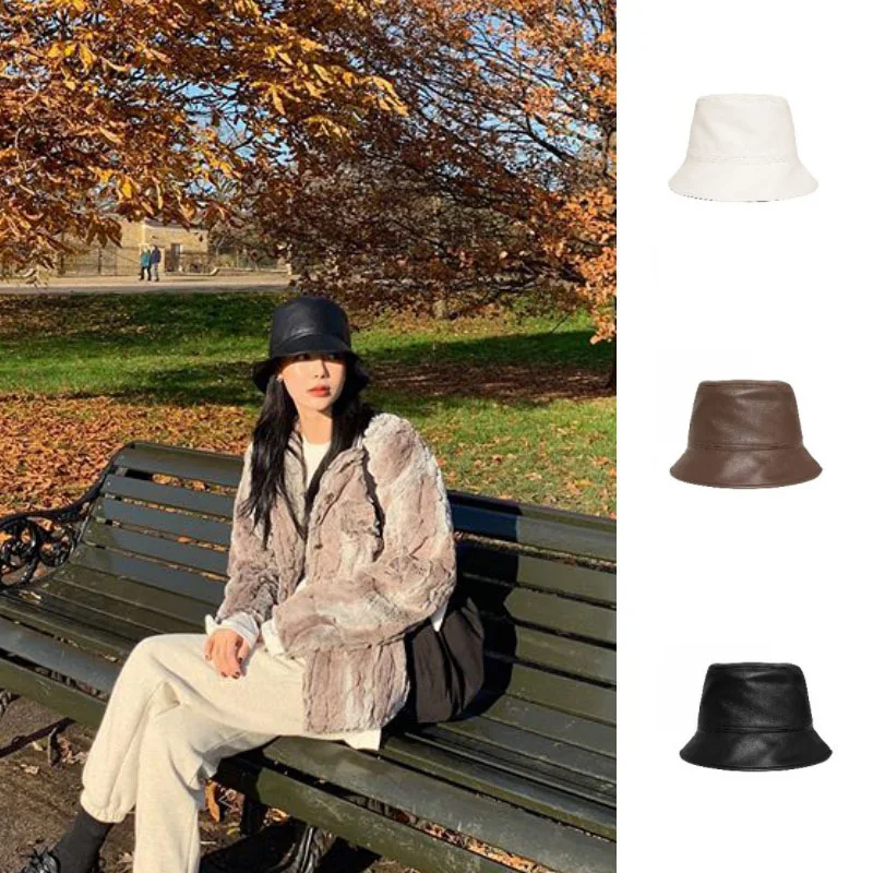 

Ruoshui Woman PU Leather Bucket Hat Solid Fisherman Cap Hip-Hop Street Beanies Headwear Ladies Waterproof Gorro Ornaments