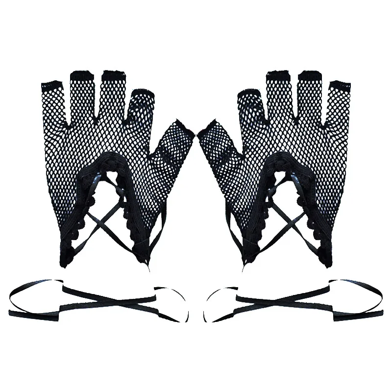 

Gloves Black Lace Up Half Finger Lolita Hollow Fishing Net Steampunk Gothic Glove Cool Girl with Tea Party Accesorios