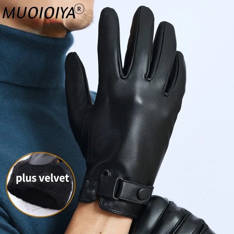 

Winter Genuine Sheepskin Leather Gloves Men Touch Screen Soft Gloves Man Plus Velvet Belt Gloves Guantes Ciclismo SQQ389