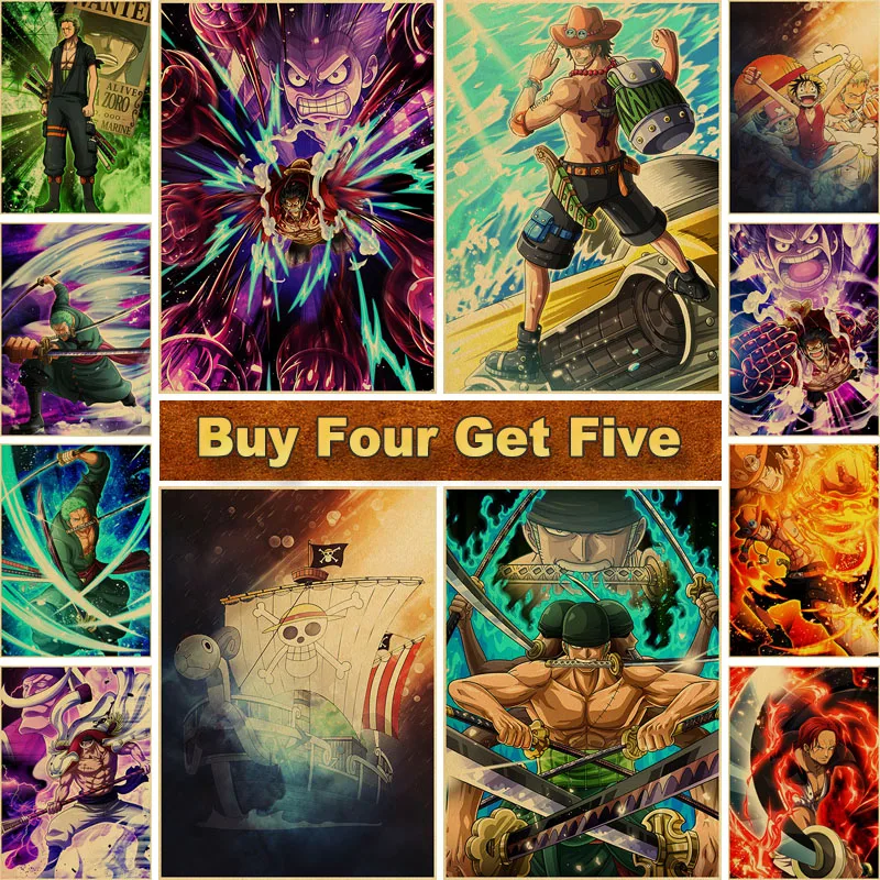 

Luffy Straw Hat Pirate ONE PIECE Anime Posters Kraft Paper Vintage Poster Art Wall Paintings for Home Bar Bedroom Decor