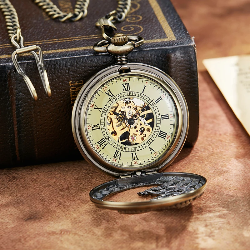 Lucky Dragon Hollow Mechanical Pocket Watch Antique Steampunk Skeleton Dial Bronze Fob Chain Clock for Men Women Dropshipping