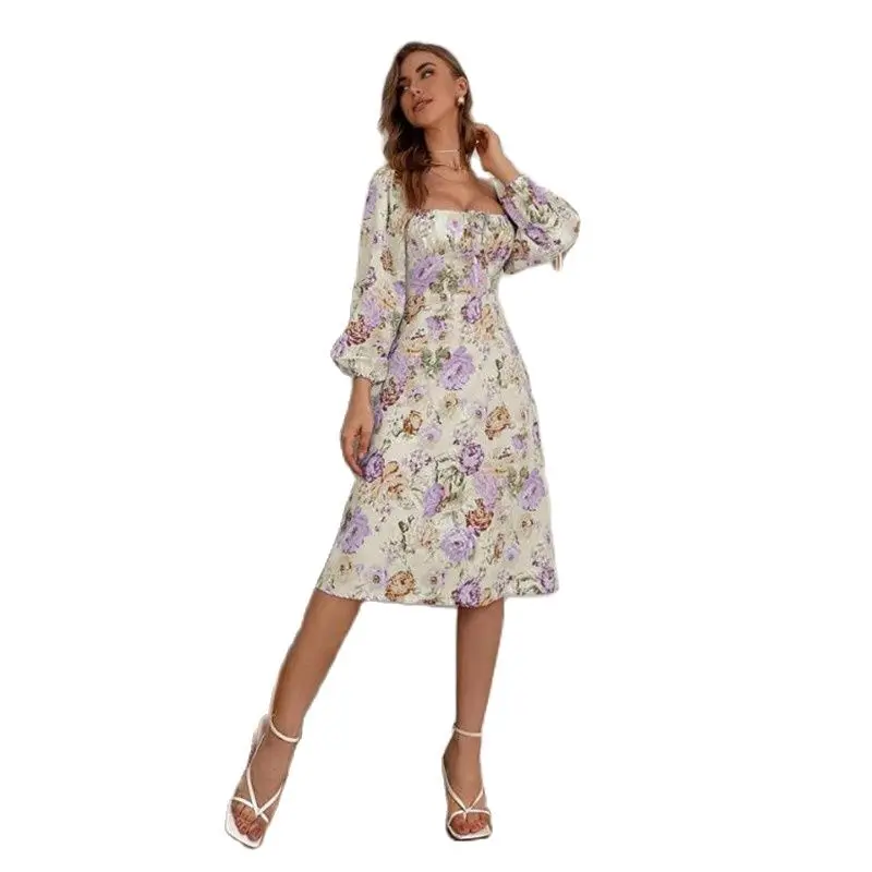

New Women Printed Flowers Dress Long Sleeves Spring Autumn Dress Europe And America Sexy Clothes 3 Colors Drop Shipping