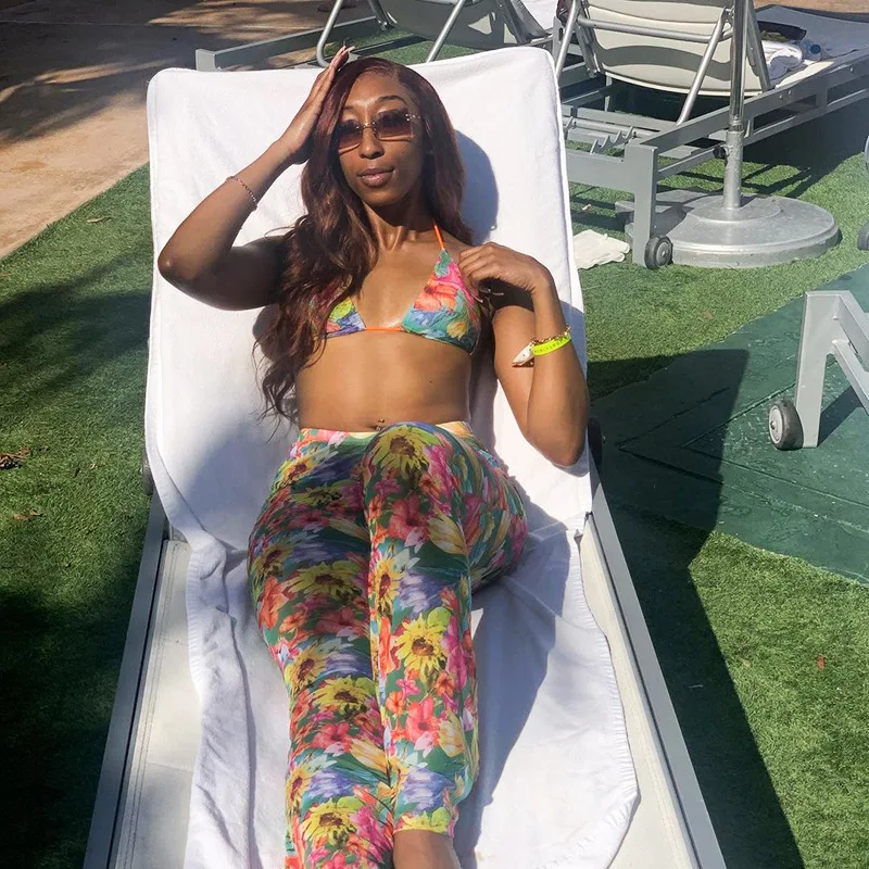 

CIBBAR Sexy Mesh Floral Print Vacation Two Piece Sets Women Sleeveless Halter Tops and Skinny Straight Long Pants Casual Suits