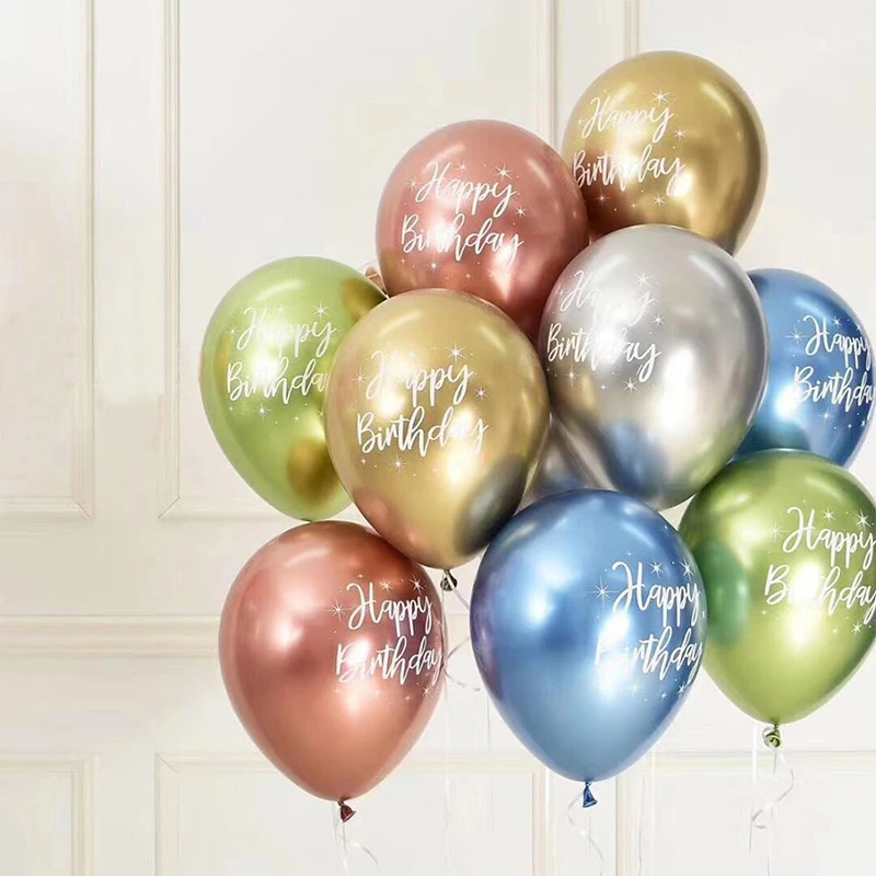 

10Pcs 12Inch Chrome Metallic Latex Balloons Happy Birthday Printed Pattern Ballon Helium Metal Globos Birthday Party Decorations