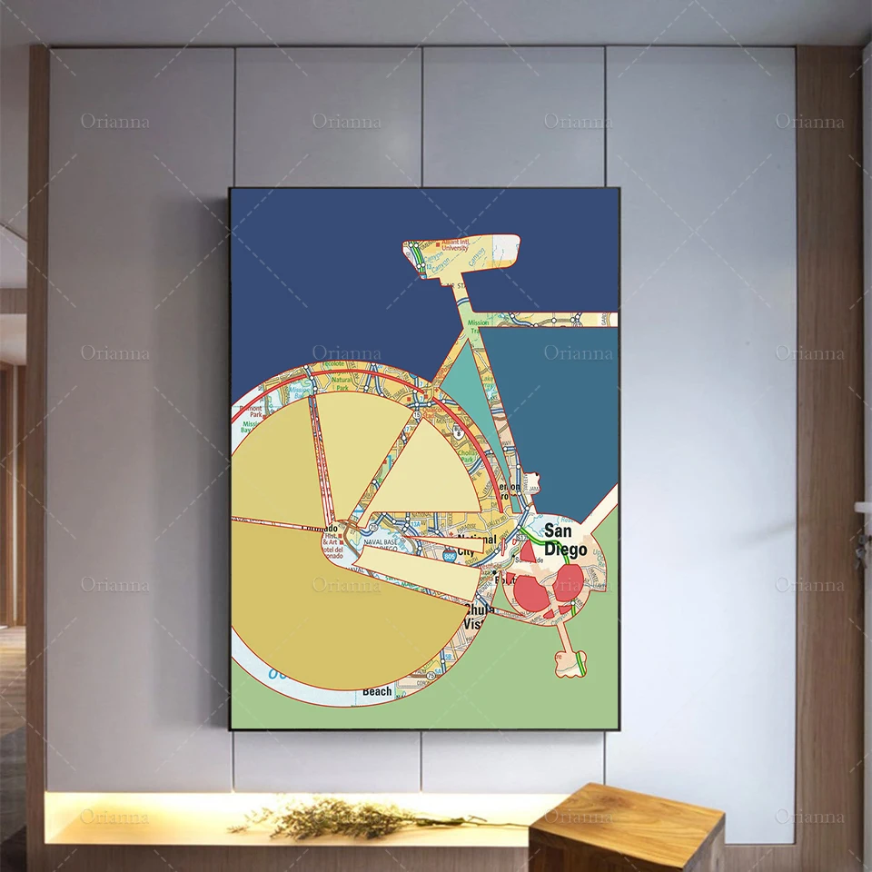 

San Diego California Bicycle Vintage Map ART PRINT, Gift For Couple Her, Wedding Gift, Beach Art All Modern Home Decor Posters