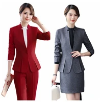 south korea autumn and winter long sleeve gray business suit suit 2 piece suit formal skirt womens suit red coat and skirt suit