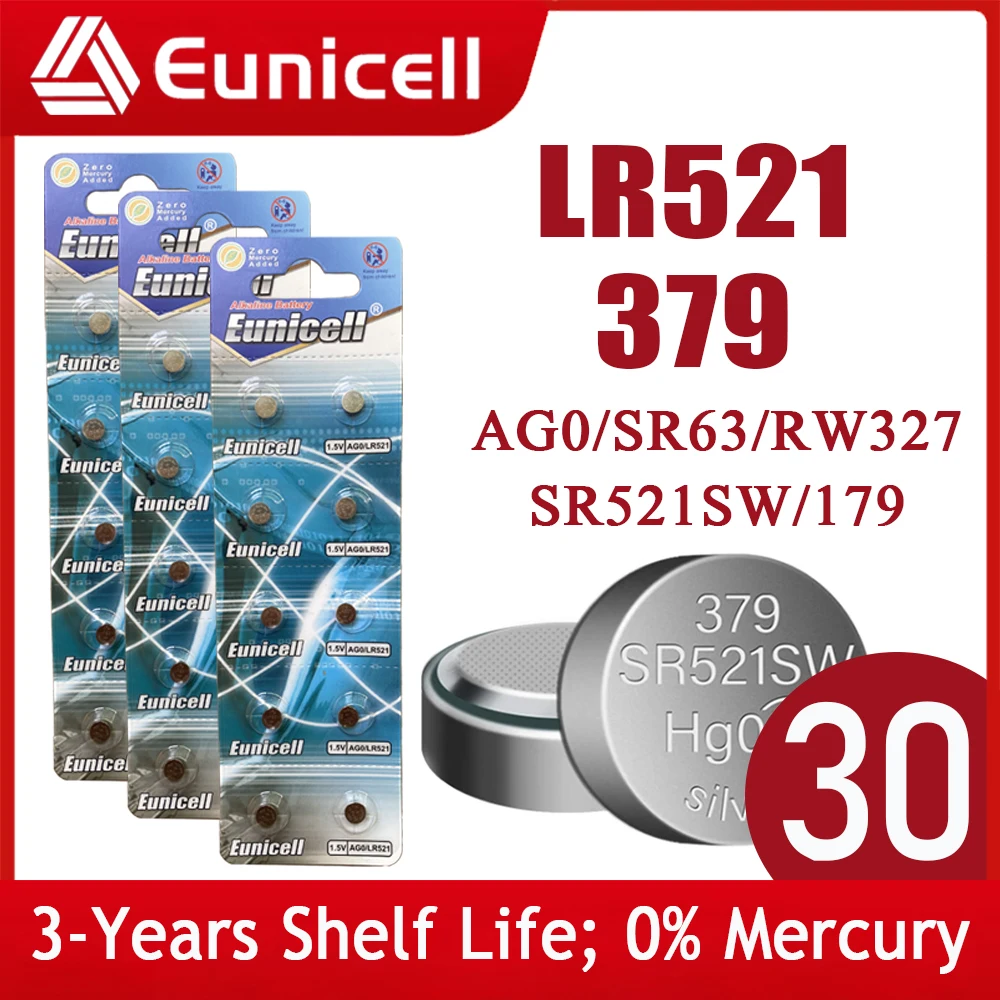 Eunicell 30 шт. 1 5 в AG0 379 LR63 LR521 SR63 SR521SW V379 LR69 кнопочные элементы щелочные Часы игрушки