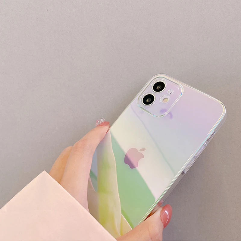 Luxury Rainbow Laser Phone Case For iPhone 14 13 12 11 Pro Max X XS XR 7 8 Plus SE 2022 Colorful Aurora Transparent Back Cover