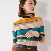 2021 woman winter 100 cashmere sweater knitted pullovers jumper warm female turtleneck blouse blue long sleeve patchwork