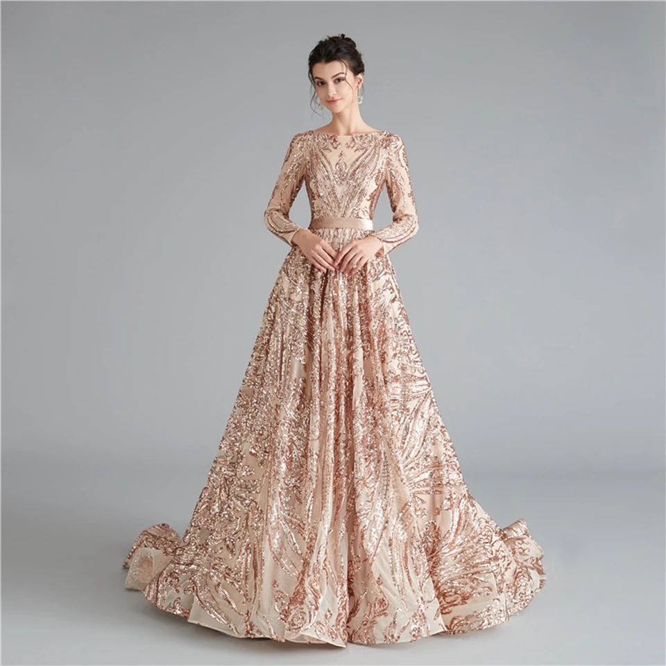 Lakshmigown Dubai Muslim Evening Party Gowns Dresses Burgundy Elegant Arabic Women Sequins Prom Dresses Long Sleeves - Цвет: Шампанское