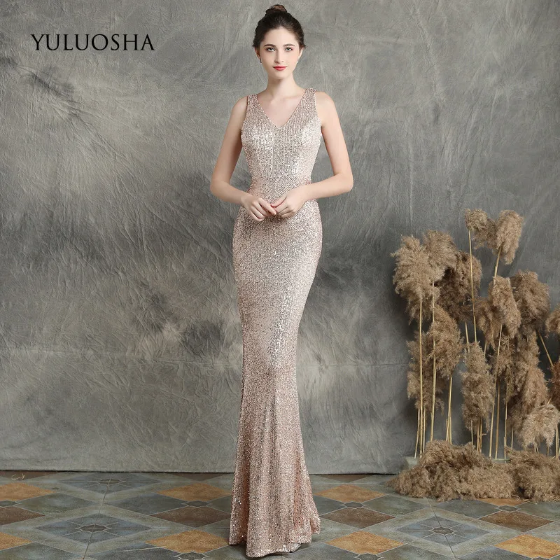YULUOSHA Gold Formal Dress Women Elegant Backless Sequined Sleeveless Mermaid Royal Blue Vestidos De Fiesta Noche | Свадьбы и